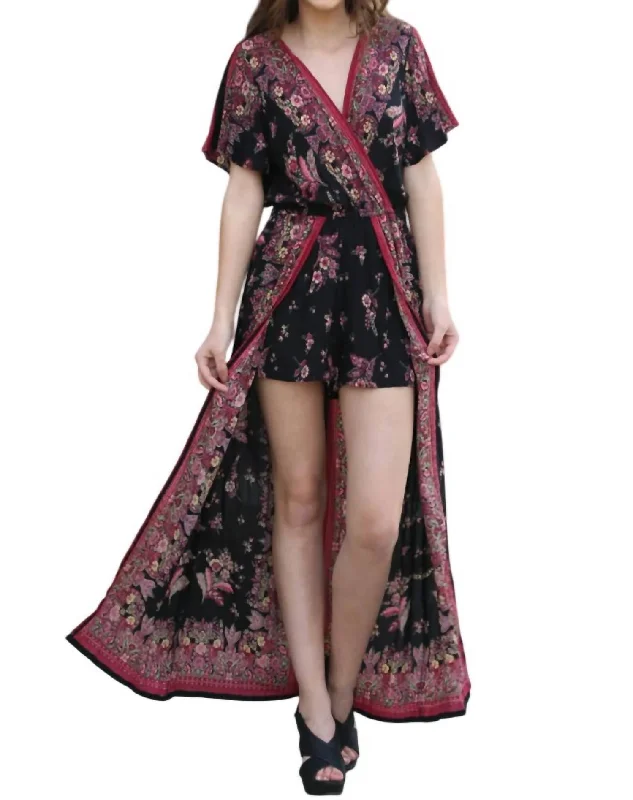 Grab Romantic Date - Night Styles Now Border & Floral Print Maxi Romper In Black