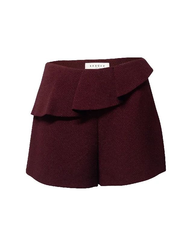 Seasonal Fashion Sandro Paris Ruffled Textured Shorts in Burgundy Polyester