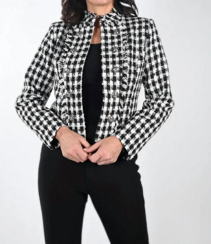 Latest Fashion Textured Metallic Knit Jacket In Black/white