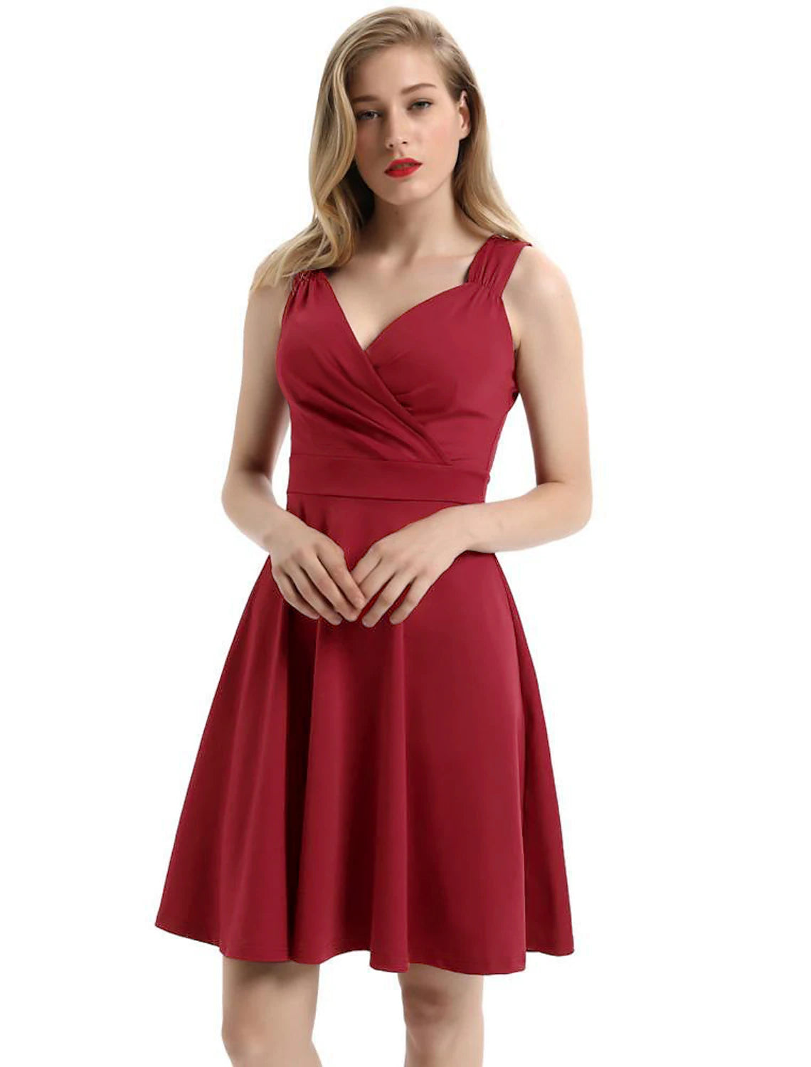 Flash Sales A-Line Minimalist Elegant Party Wear Cocktail Party Dress V Neck Sleeveless Tea Length Spandex with Pleats