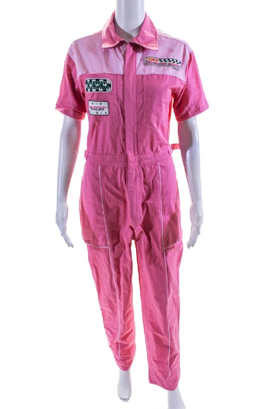 Spring Fashion Beach Riot Womens Cotton Collared Short Sleeve Zip Up Jumpsuit Pink