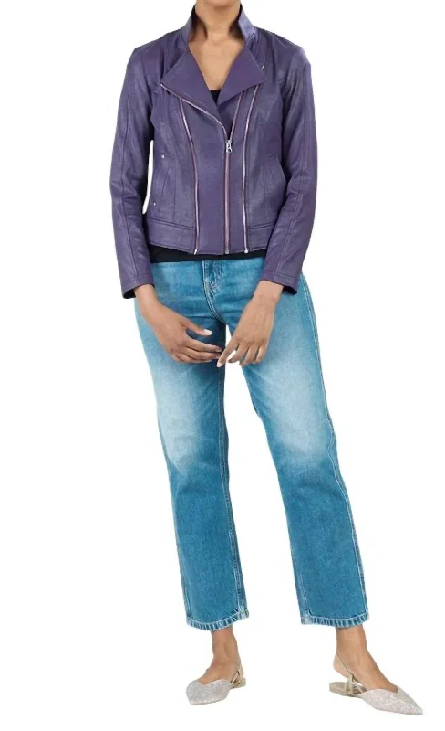 Limited - Time Bundle Faux Leather Double-Zippered Knit Jacket In Eggplant