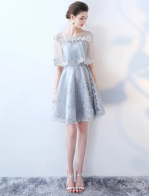 Limited Styles A-Line Elegant Party Wear Cocktail Party Dress Jewel Neck Half Sleeve Short Mini Tulle with Lace Insert Pattern Print