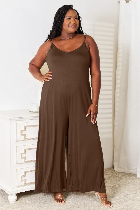 Unleash Your Trendy Side Full Size Soft Rayon Spaghetti Strap Tied Wide Leg Jumpsuit