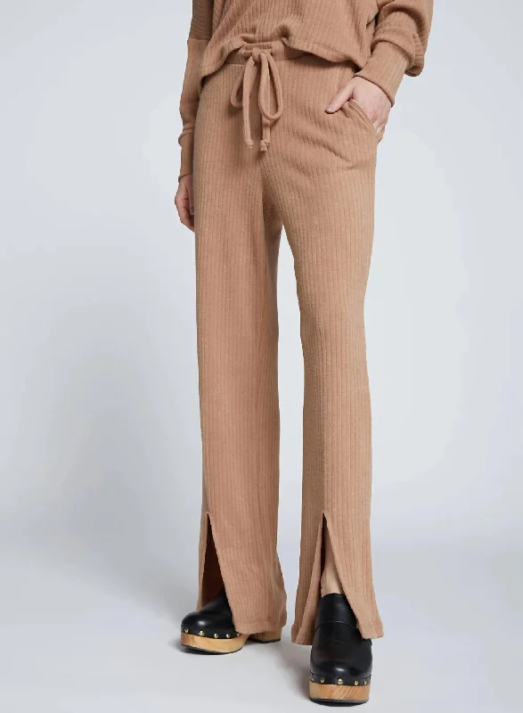 Seasonal Trend Rachel Chunky Rib Front Slit Tie Pant In Toffee