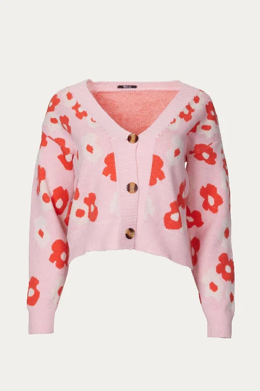 Pastel Styles Retro Knit Floral Cardigan In Pink