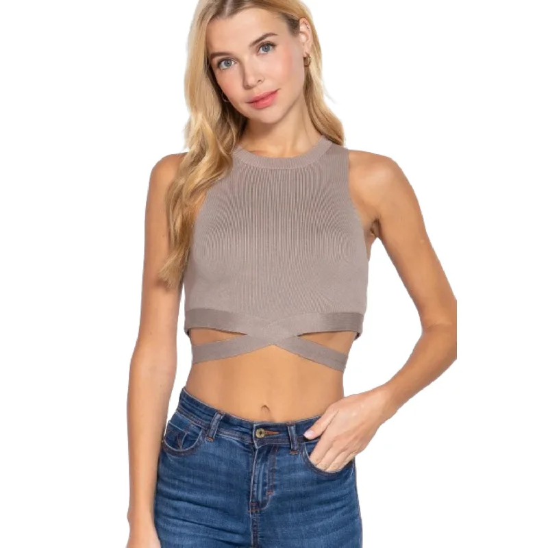 New In This Season Sleeveless Crew Neck Waist Tie Crop Sweater Top