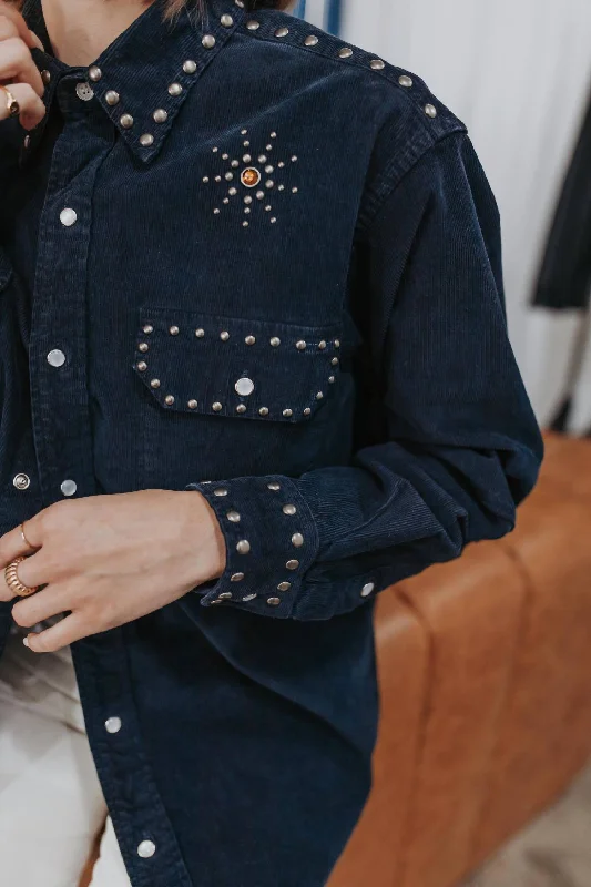 Discounts On Casual Weekend Styles Upcycled Corduroy Shirt With Studs In Blue