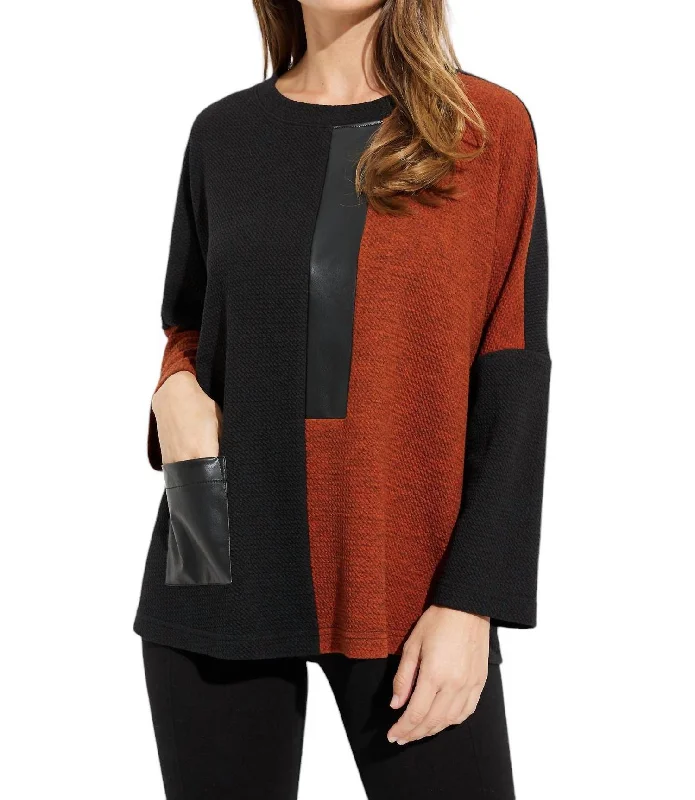 Relaxed Fashion Faux Leather Two Tone Sweater In Black/tandoori