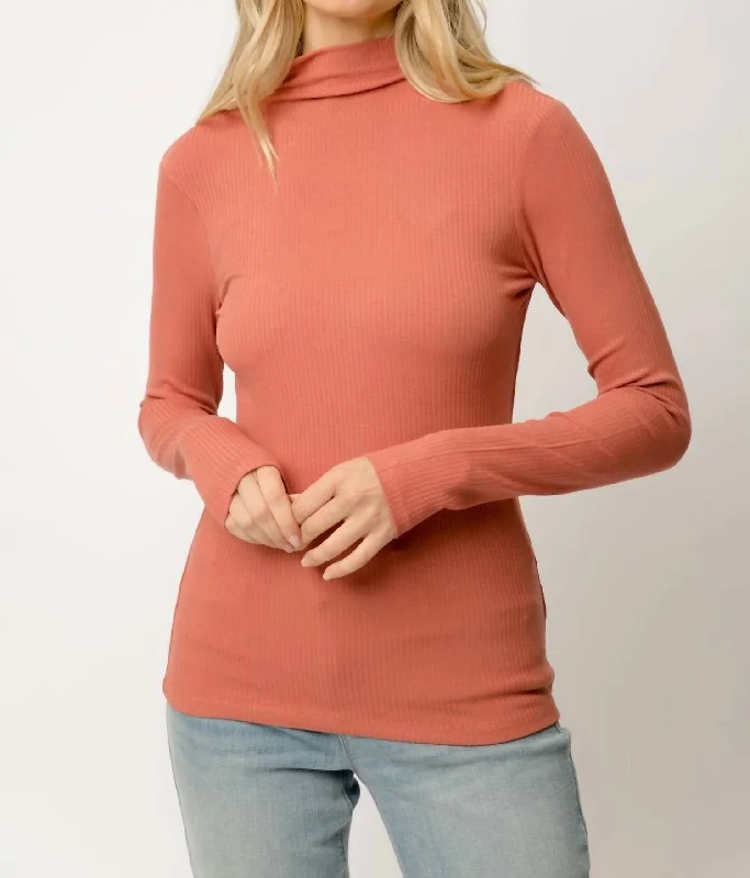 Seasonal Fashion Ribbed Mock Neck Turtleneck In Terracotta