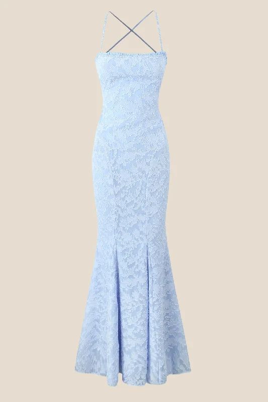 Classic Women's Fashion Straps Light Blue Lace Mermaid Maxi Dress