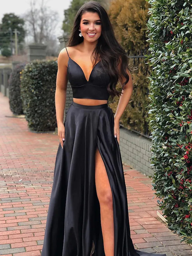 Limited Time Flash Sale A-Line Prom Dresses Minimalist Dress Party Wear  Sleeveless V Neck Satin with Pleats Slit