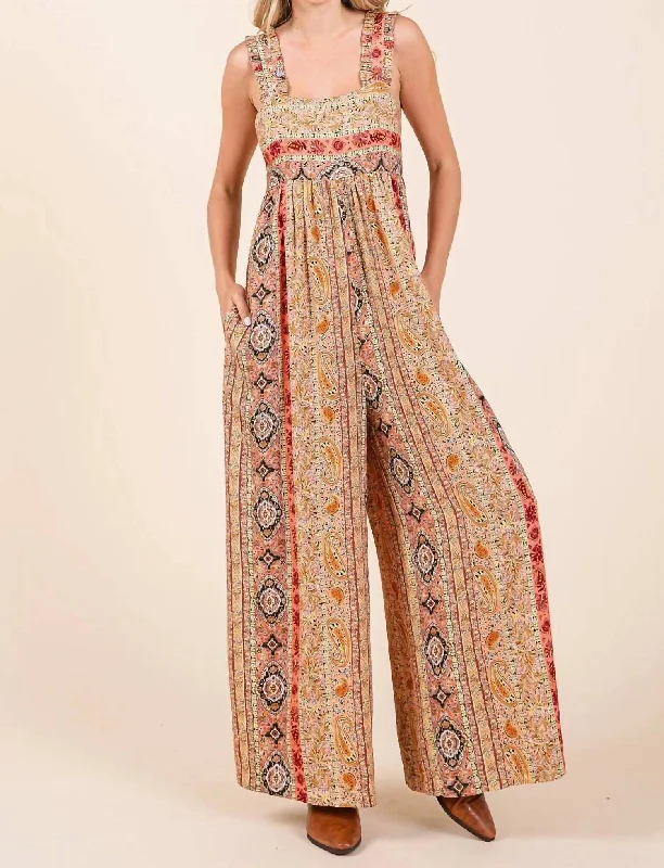 Fashion Sale Boho Print Ruffle Strap Tie Back Wide Leg Jumpsuit In Rust Multi