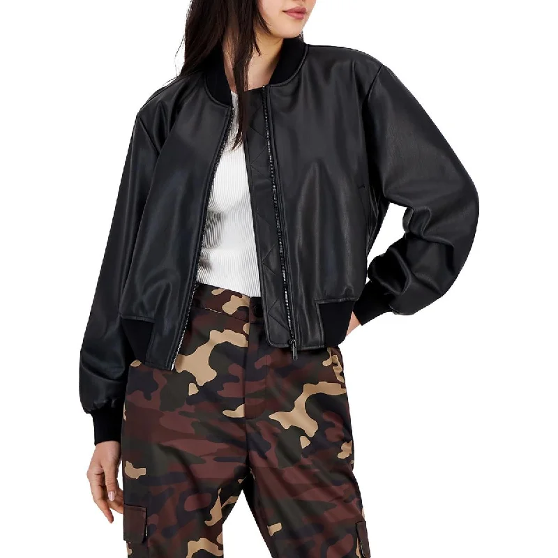 New Styles Just In Petites Womens Faux Leather Long Sleeve Bomber Jacket