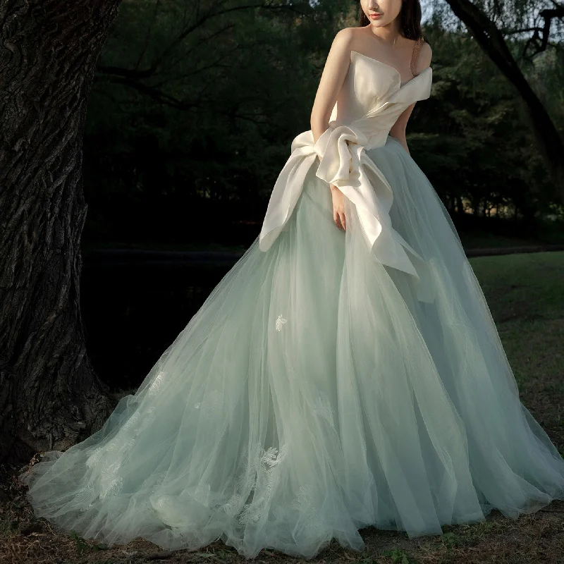 Special Offer Light Green Long Gown Ruched Satin Tulle Homecoming Dress