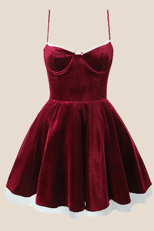 Relaxed Style Spaghetti Straps Burgundy Velvet Mini Dress