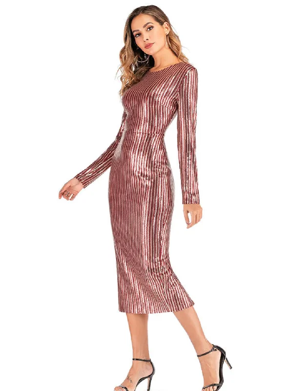 Fashion Forward Outfits TastyHottie - V-NECK STRIPED SEQUINED LONG-SLEEVED DRESS