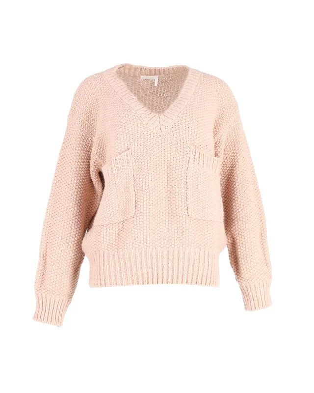 Romantic Detailing Chloé Oversized Chunky V-Neck Sweater in Peach Wool