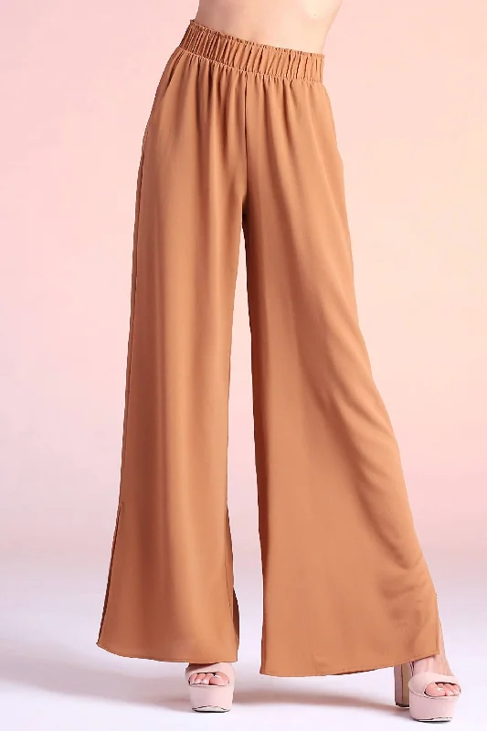 Huge Price Cut Women's Textured Side Slit Wide Leg Pants In Camel