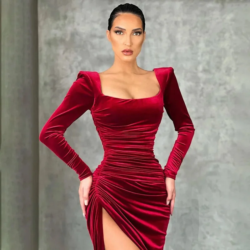 Score Big On Glamorous Red - Carpet Styles Red Velvet Elegant Midi Christmas Party Dress