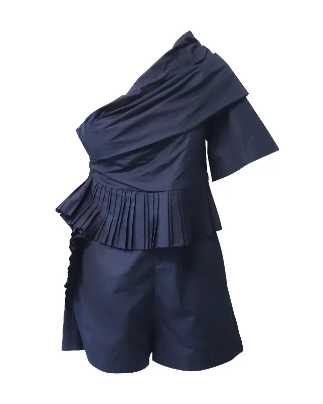 Step Ahead, Lead The Trend Chloe Asymmetrical Pleated Playsuit in Navy Blue Cotton