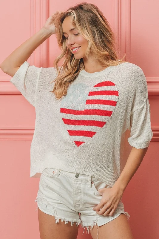 Sophisticated Fashion Striped Heart Contrast Knit Top