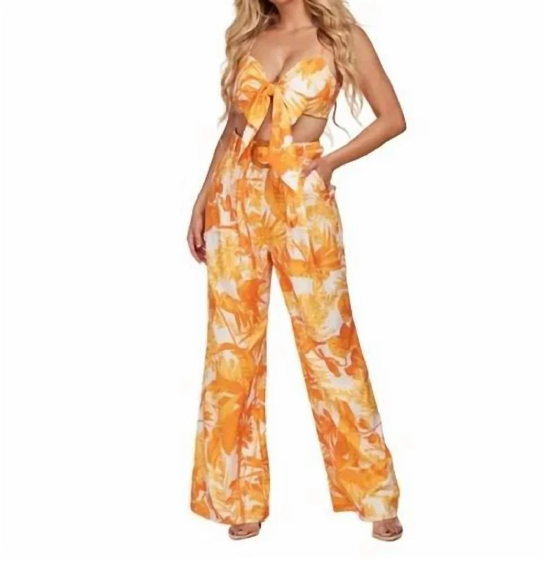 Vintage Fashion Tropical Print Pant Set In Yellow & White