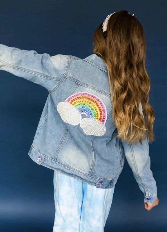 Mother's Day Special Womens Rainbow Pearl Denim Jacket