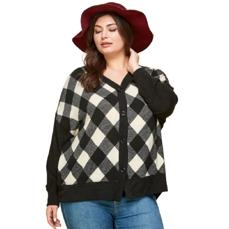 Casual Chic Plus Size Buffalo Plaid Knit Button Up Oversize Cardigan