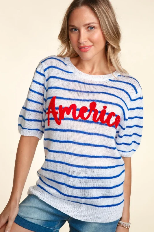 Trendy Fashion For Women Letter Embroidery Striped Knit Top