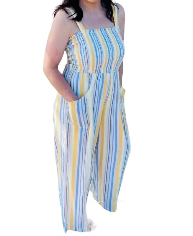 Eclectic Style Wardrobe Smocked Jumpsuit In Yellow And Blue Stripes