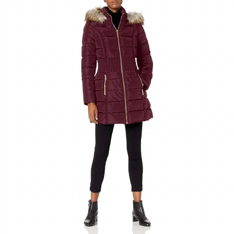 Casual Elegance 3/4 Puffer Zig Zag Cinched Waist Faux Fur Trim Hood Jacket In Port Royal