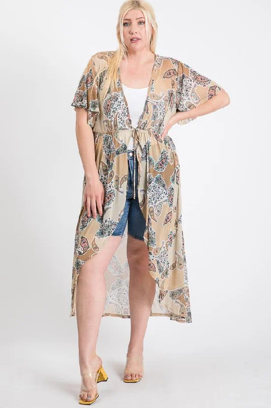 Latest Fashion Short Sleeves Long-line Printed Mesh Open Cardigan