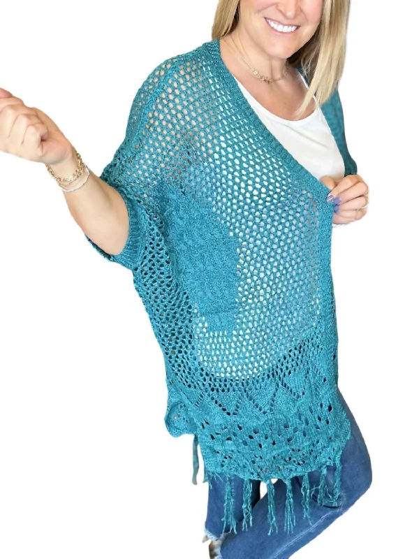 Comfort Centric Apparel Amanda Crocheted Cardigan In Teal