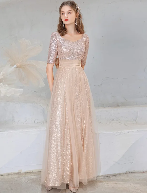 Quick Grab Deals A-Line Evening Gown Sparkle Dress Wedding Guest Floor Length Half Sleeve V Neck Sequined with Bow(s) Sequin