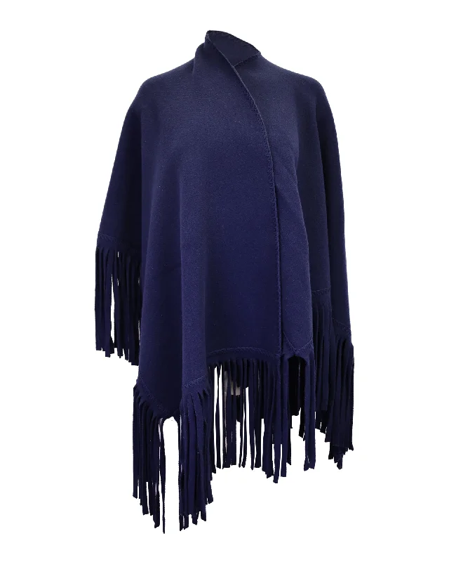 Sophisticated Style Burberry Fringe Shawl in Navy Blue Wool