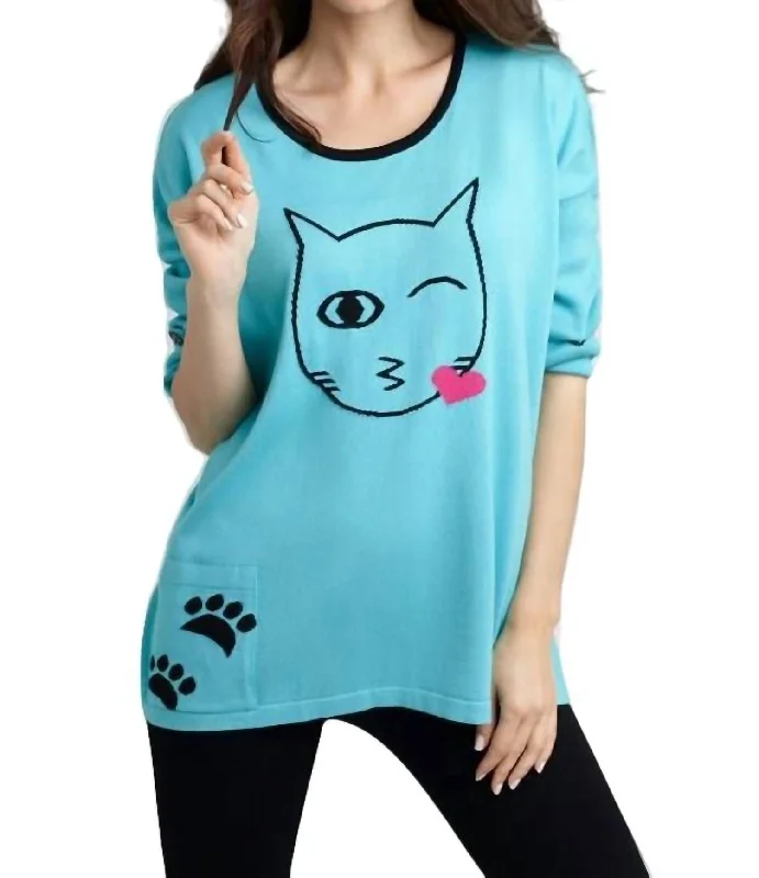 Exclusive Deals Online Cat Kiss Graphic Sweater In Turquoise/black