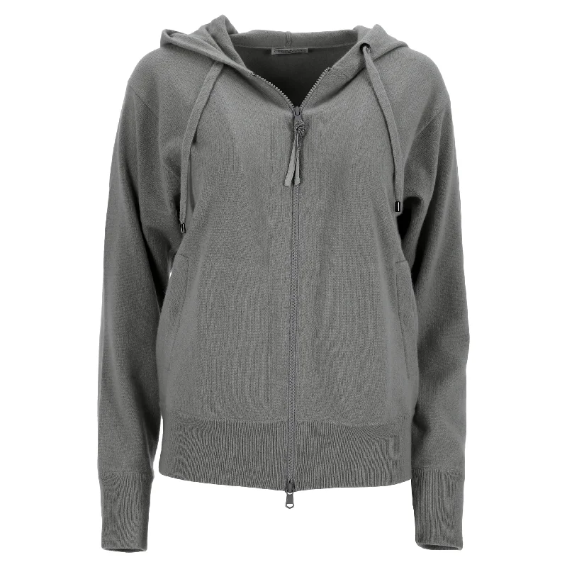 Minimalist Style Brunello Cucinelli Zipped Drawstring Hoodie in Grey Cashmere