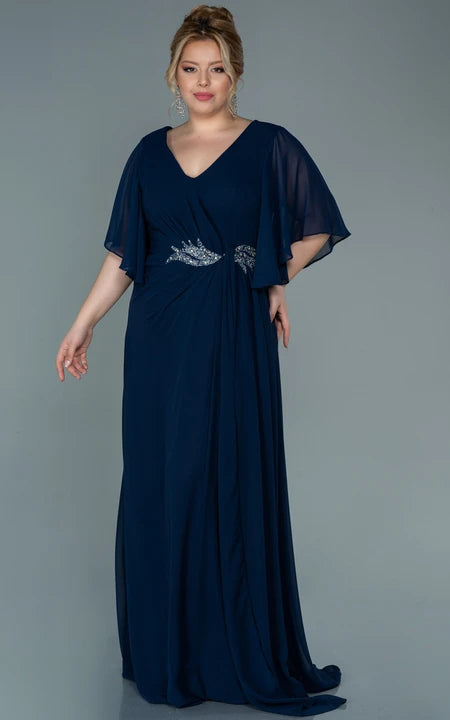 Low Price Special Empire Chiffon V-neck Bat Sleeve Empire Ruched Plus Size Mother of Bride Dress