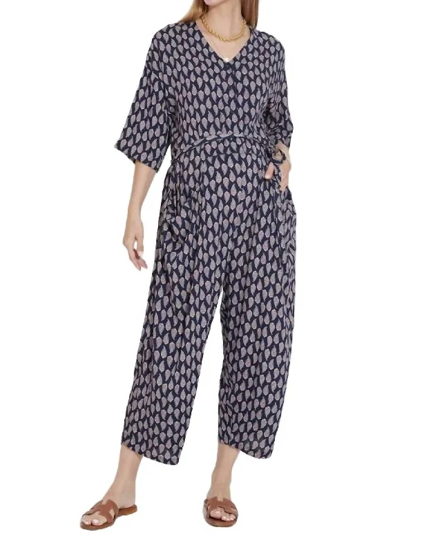 Fashion Frontiers Paisley Printed Silk Jumpsuit In Navy