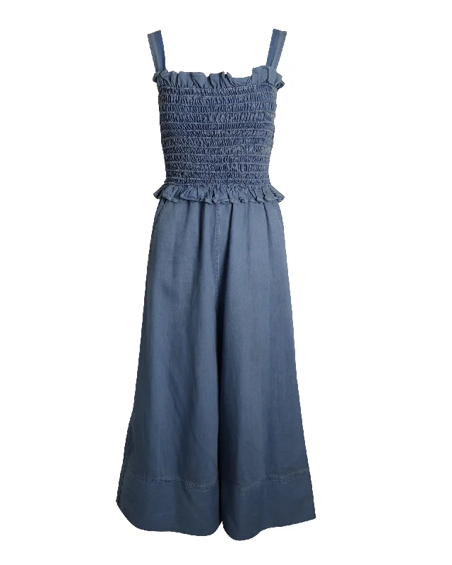 Durable Fashion Picks Sea New York Ruched Sleeveless Jumpsuit in Blue Cotton Denim