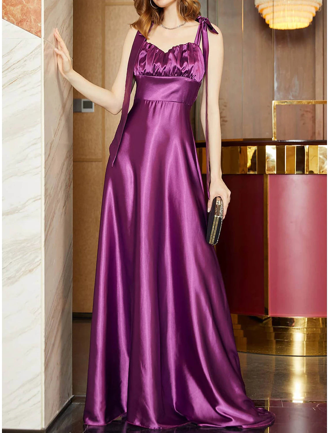 Timeless Elegance A-Line Party Dresses Open Back Dress Holiday Wedding Guest Floor Length Sleeveless Square Neck Bridesmaid Dress Satin Backless with Strappy