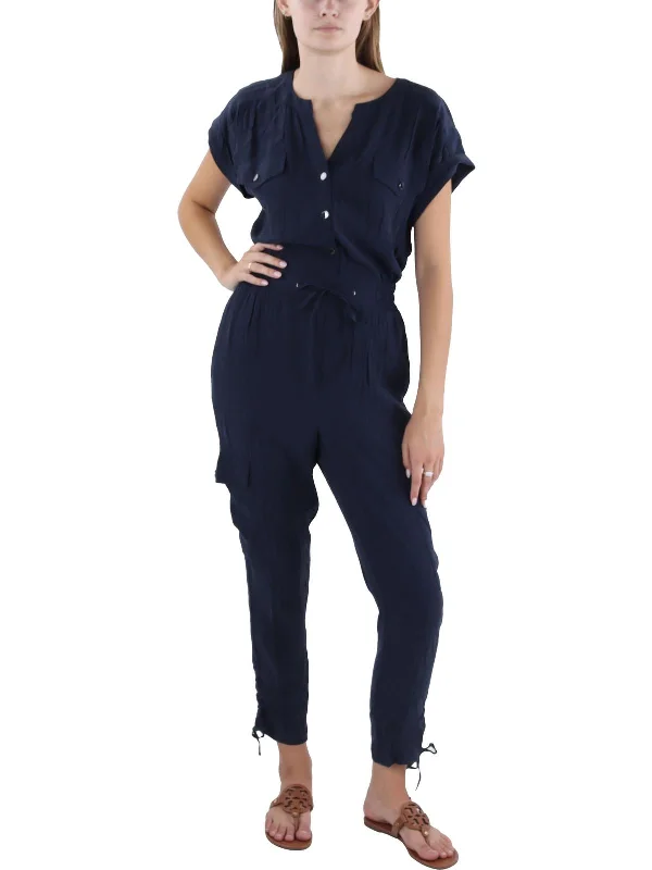 Boutique Styles Womens Tie Front Cuff Sleeves Jumpsuit