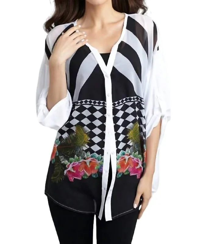 Final Sale Checkerboard Floral Cardigan In White Multi