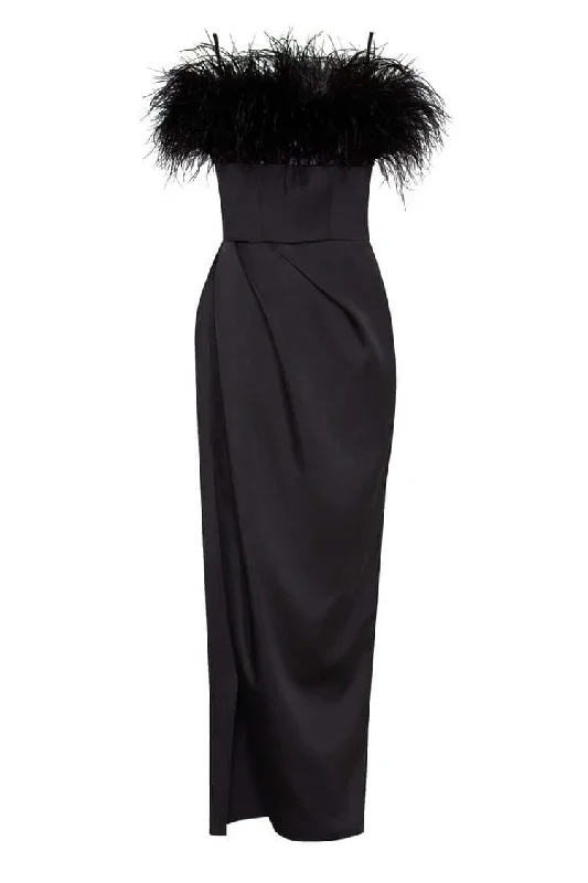 Beat The Heat In Tropical Styles Black Celina Slip Midi Feathered Dress