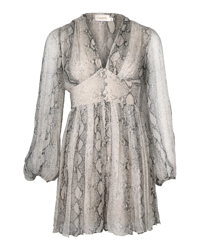 Limited Time Offers Zimmermann Corsage Long-Sleeve Fluted Romper in Snake-Print Silk