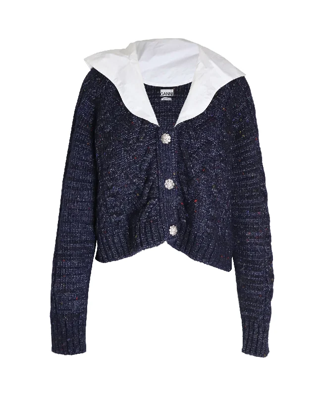 Comfort First Women's Wear Ganni Cropped Embellished Poplin-collar Cable-knit Cardigan in Navy Blue Wool