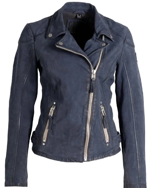 Mid Season Sale Women's Nubuck Leather Biker Jacket In Navy