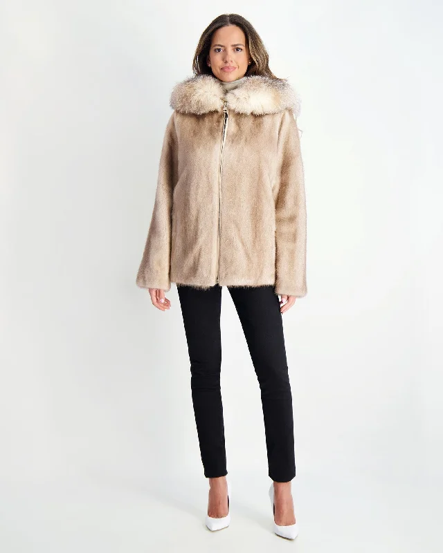 Runway Inspired Wear Mink Jacket with Fox Hood Trim