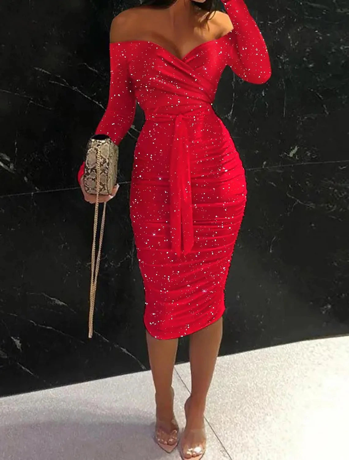 Sophisticated Cut Sheath / Column Party Dresses Sparkle & Shine Dress Party Wear Wedding Party Knee Length Long Sleeve Off Shoulder Polyester with Sequin